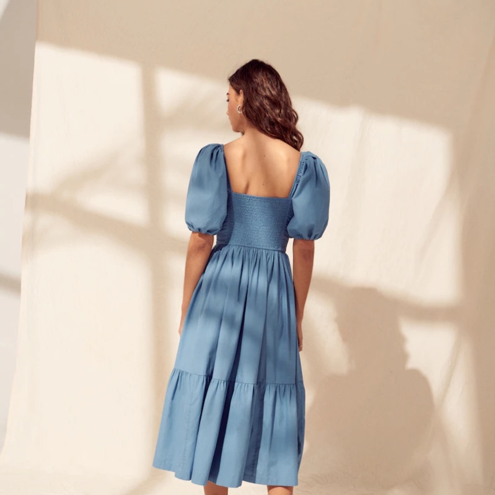 Abercrombie Ruched Puff Sleeve Poplin Midi Dress - Picture 4 of 5